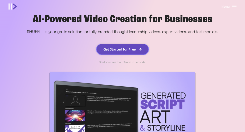 Shuffll homepage featuring the headline 'AI-Powered Video Creation for Businesses.' Subtext highlights Shuffll as a solution for branded thought leadership videos, expert videos, and testimonials. A prominent 'Get Started for Free' button is displayed above a visual of generated scripts, art, and storylines.